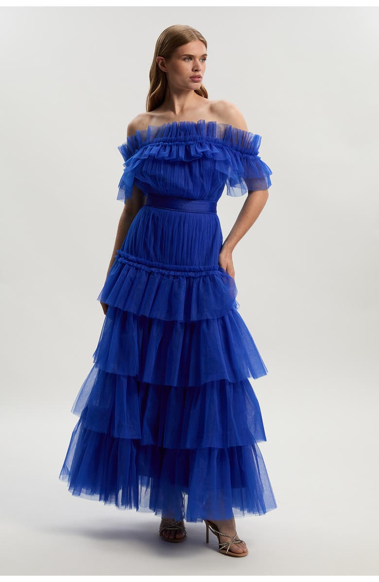 Karen Millen Tulle Off Shoulder Maxi Dress, Main, color, Cobalt