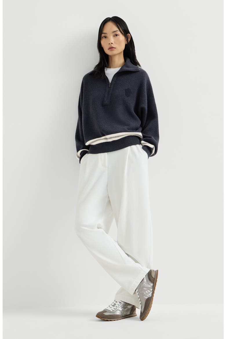 Cashmere English rib turtleneck sweater with half-zip and logo, Alternate, color, Navy Blue