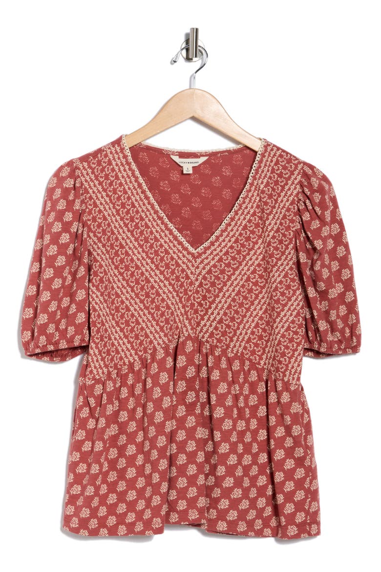 Mixed Print Puff Sleeve Cotton Babydoll Top, Alternate, color, RED FLORAL