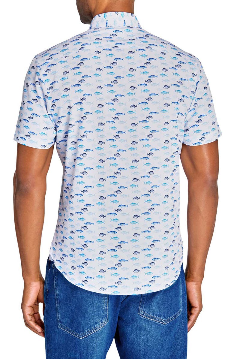 CONSTRUCT Fish Print Short Sleeve Stretch Button-Down Shirt, Alternate, color, White
