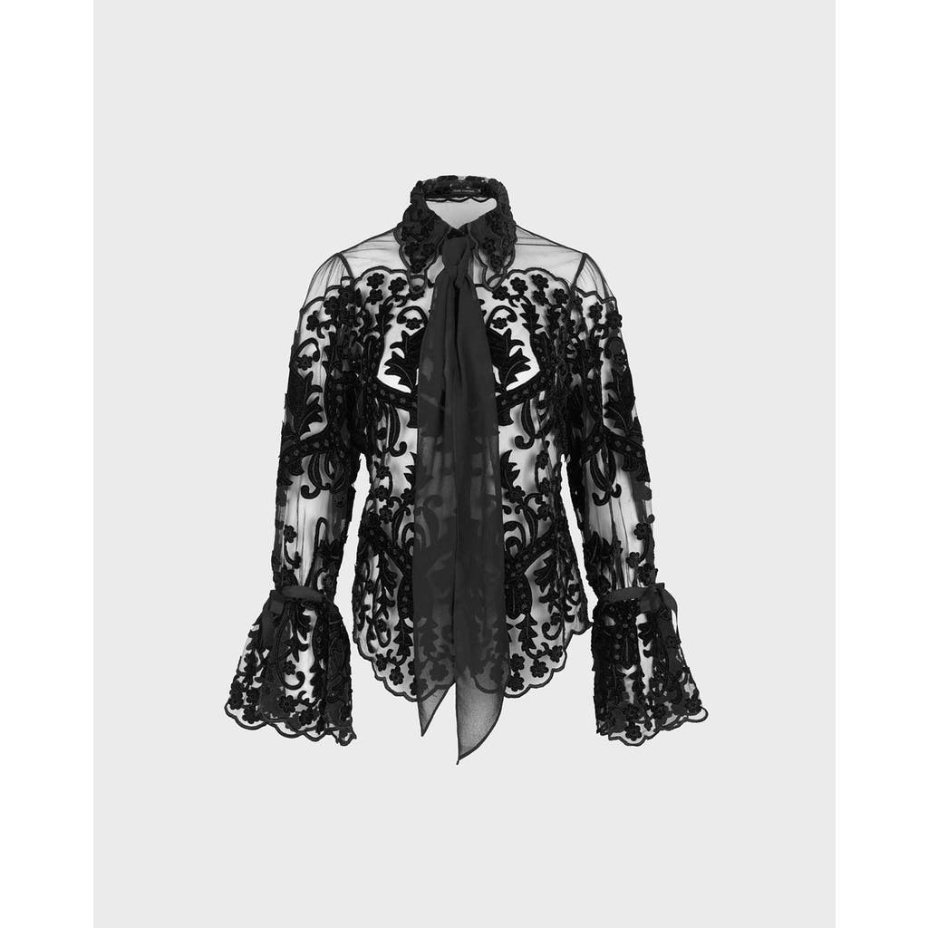 Anne Fontaine Arabesque Semi-sheer Embroidered Lace Shirt In Black
