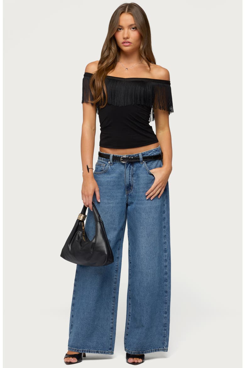 Catelina Fringe Off the Shoulder Top, Alternate, color, BLACK