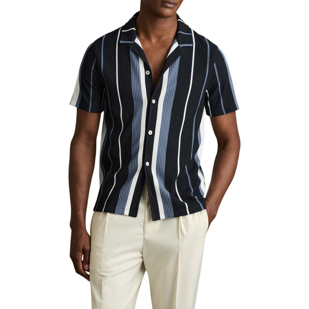 Reiss Albers Stripe Rib Knit Camp Shirt In Navy Multi
