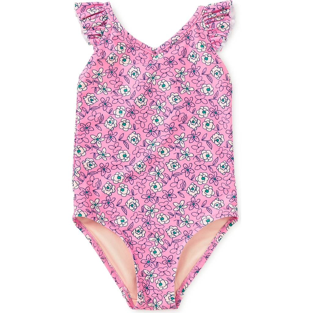 Tea Collection Ruffle One-Piece Swimsuit in Carnation Toss at Nordstrom, Size 8