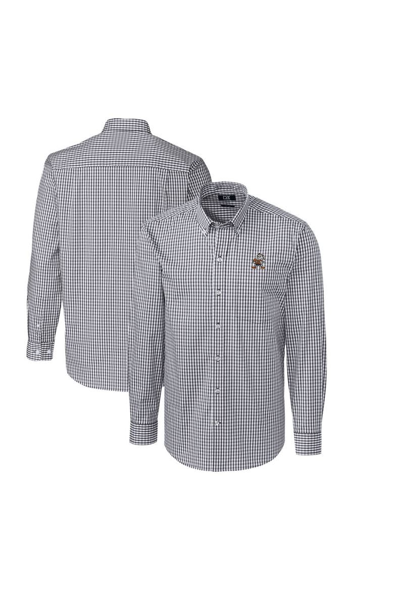Men's Cutter & Buck Charcoal Cleveland Browns Throwback Logo Easy Care Stretch Gingham Long Sleeve Button-Down Shirt, Main, color, Charcoal