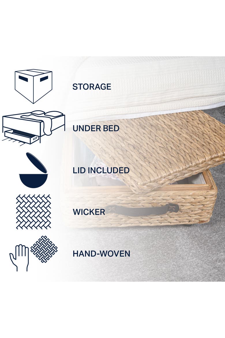 Chett Minimalist Hand-Woven Hyacinth/Wood Underbed Storage Bin with Wheels and Handles, Alternate, color, Natural