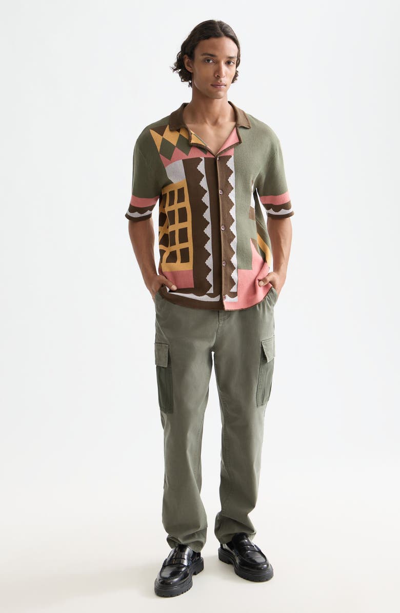 Scotch & Soda Oversize Geo Jacquard Knit Cotton Blend Camp Shirt, Alternate, color, Patchwork Jacquard