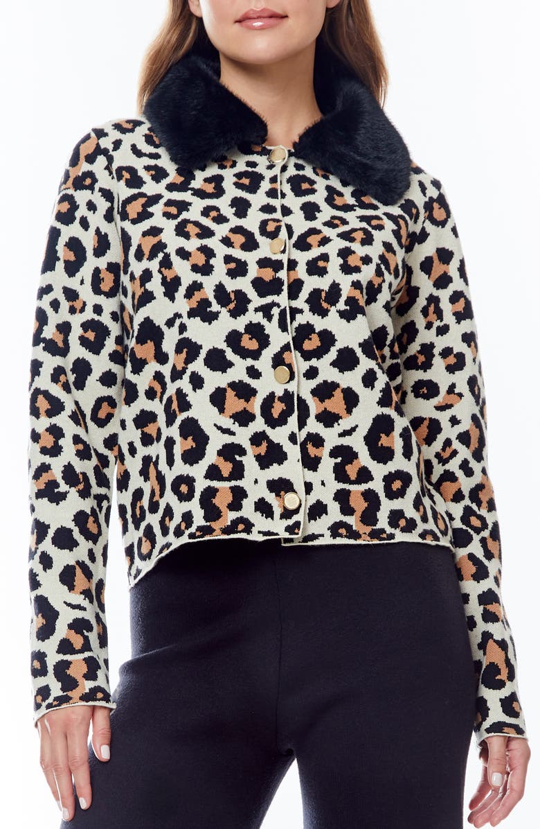 BY DESIGN Isa Faux Fir Trim Cardigan, Main, color, Leopard