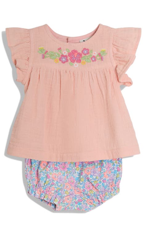 Floral Embroidered Cotton Gauze Top & Bloomers Set (Baby)