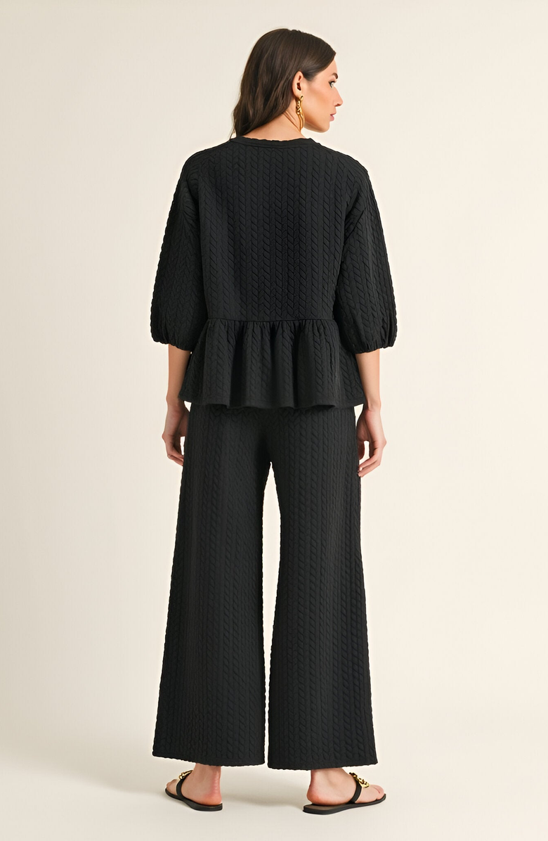 Modenaire Textured Peplum Top and Wide-Leg Pant Set with Relaxed Silhouette, Alternate, color, 