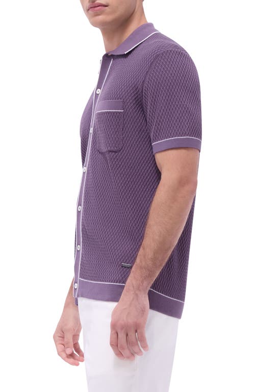 Bugatchi Tipped Short Sleeve Button-up Sweater In Plum