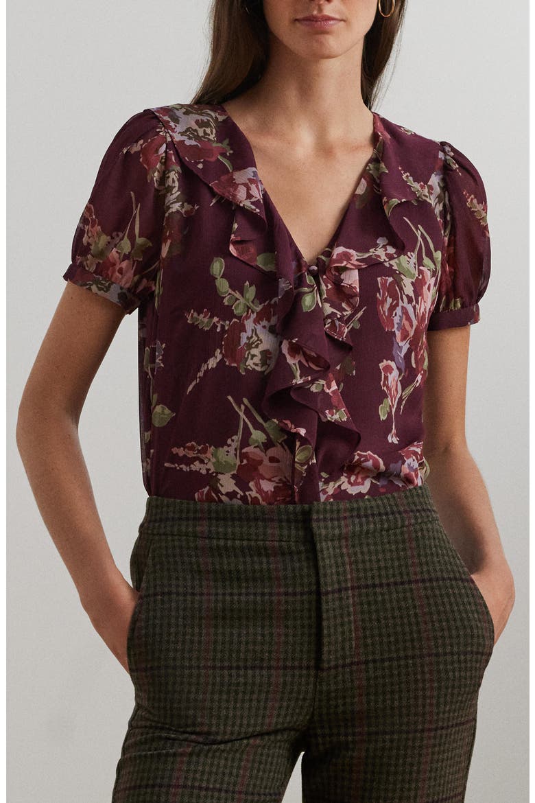 Ruffle Short Sleeve Georgette Top, Alternate, color, RED MULTI