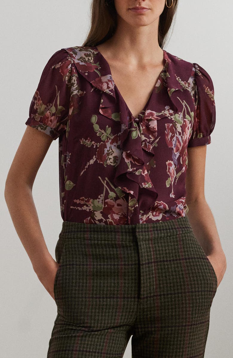 Lauren Ralph Lauren Ruffle Short Sleeve Georgette Top, Alternate, color, Red Multi