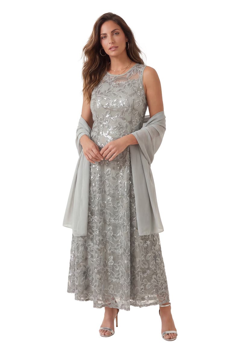 Plus Size Allover Lace Embellished Shawl Gown, Main, color, SILVER SHIMMER