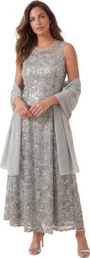 Roaman's Plus Size Allover Lace Embellished Shawl Gown