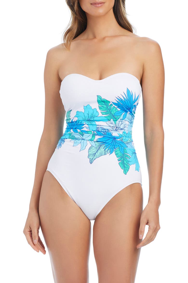 Shirred Bandeau One-Piece Swimsuit, Alternate, color, COOL