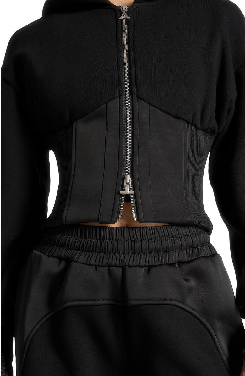 Manière De Voir Brune Corset Jersey And Satin Zip Hoodie, Alternate, color, Black