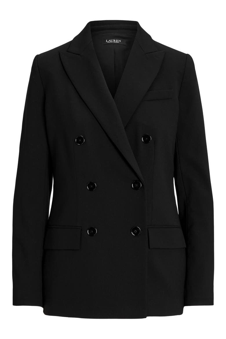 Double Breasted Stretch Wool Crepe Blazer, Alternate, color, BLACK