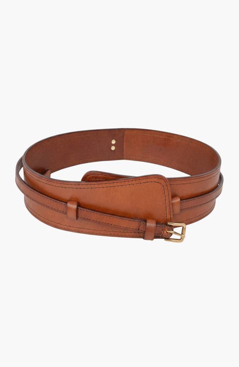 Leather Waist Belt with Layered Strap and Buckle