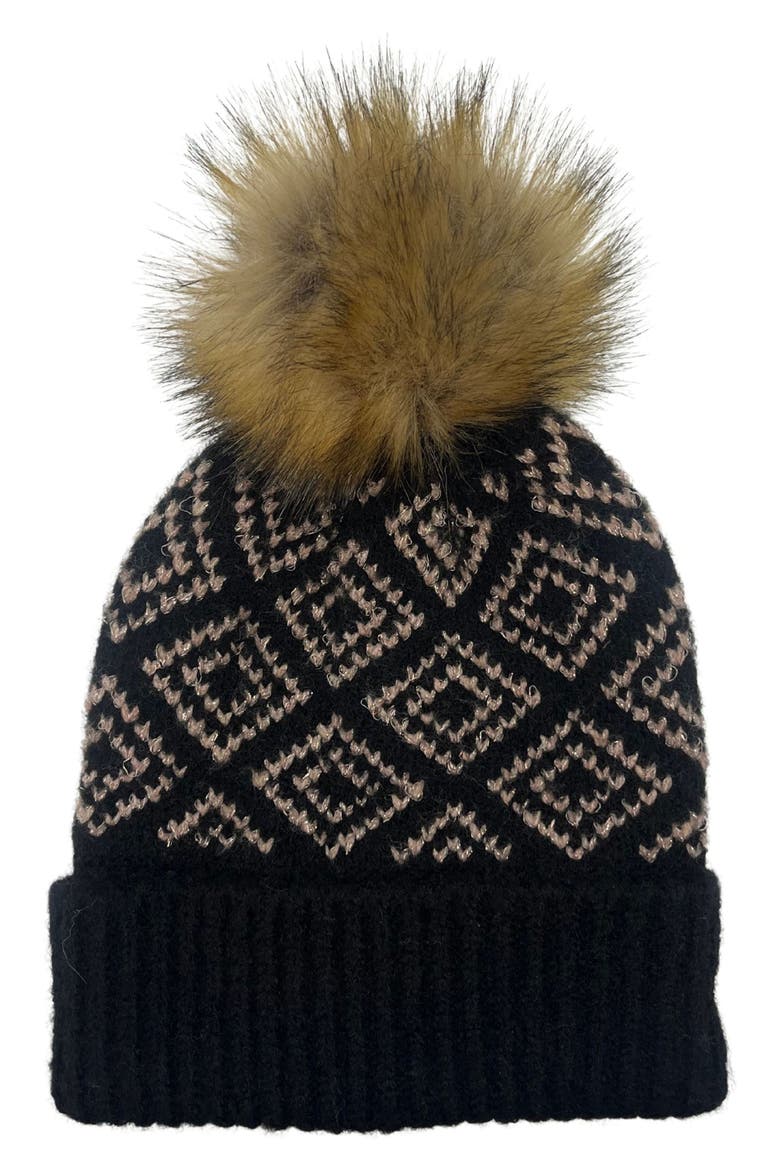 Faux Fur Pompom Geo Knit Beanie, Main, color, BLACK
