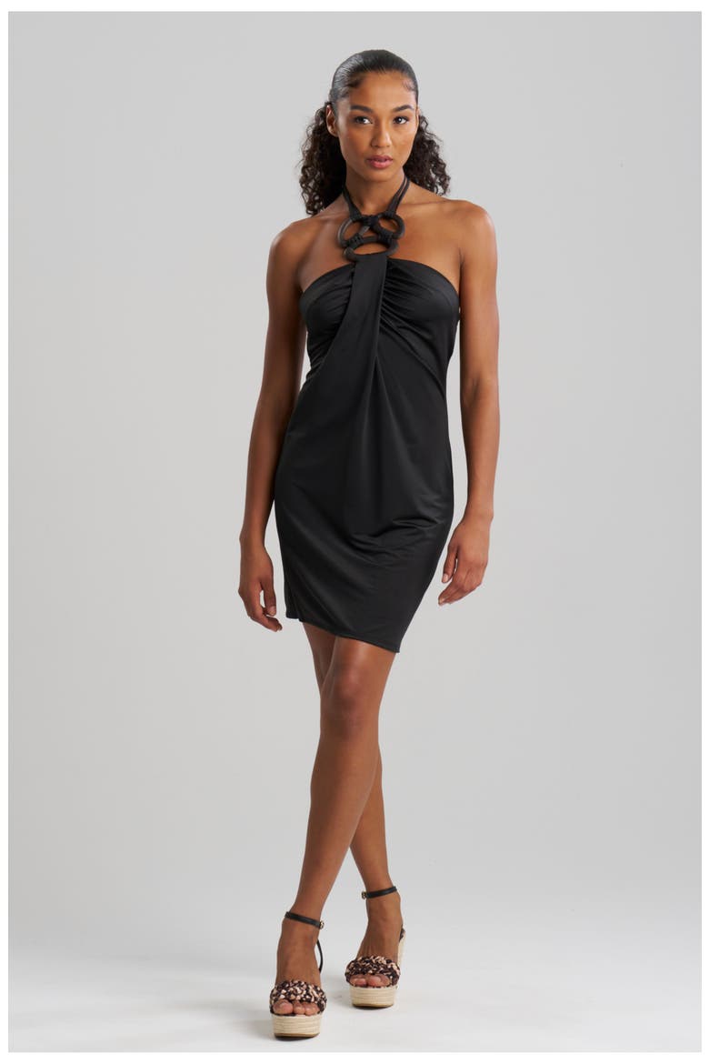 Solid Jersey Halter cover-up Dress w/ Hand Carved Wood Rings, Main, color, Black