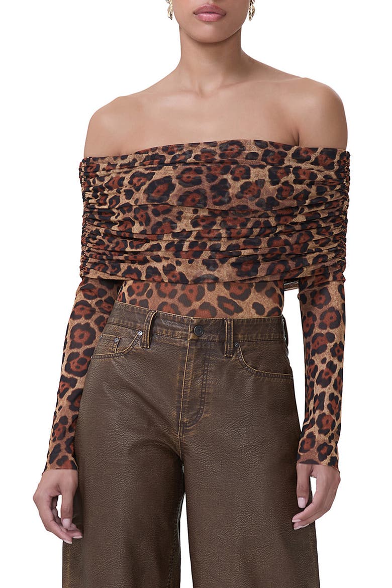 Maxine Ruched Off the Shoulder Mesh Bodysuit, Main, color, COCOA LEOPARD
