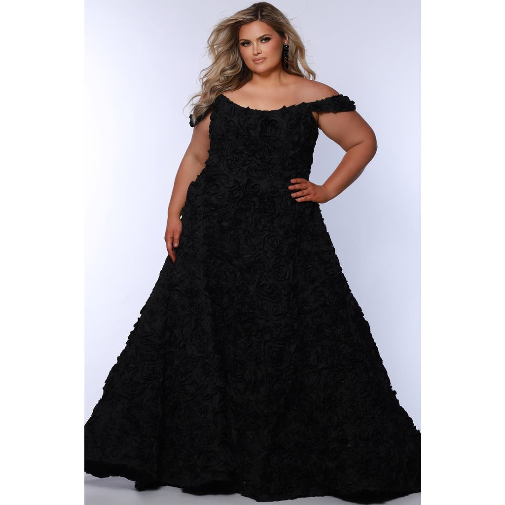 Sydney's Closet Off The Shoudler Rosette A-line Plus Size Evening Gown In Black