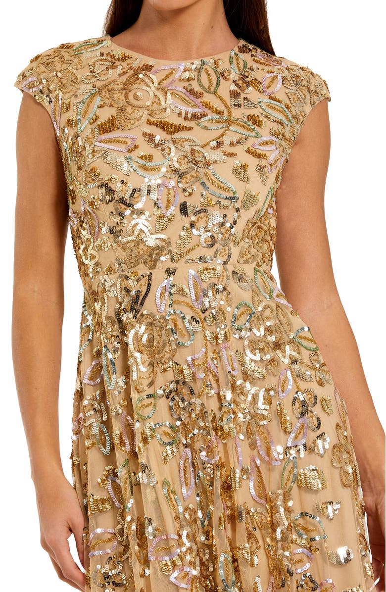 Mac Duggal Women's Sequin Mesh High Neck Cap Sleeve A Line Gown, Alternate, color, Gold Multi