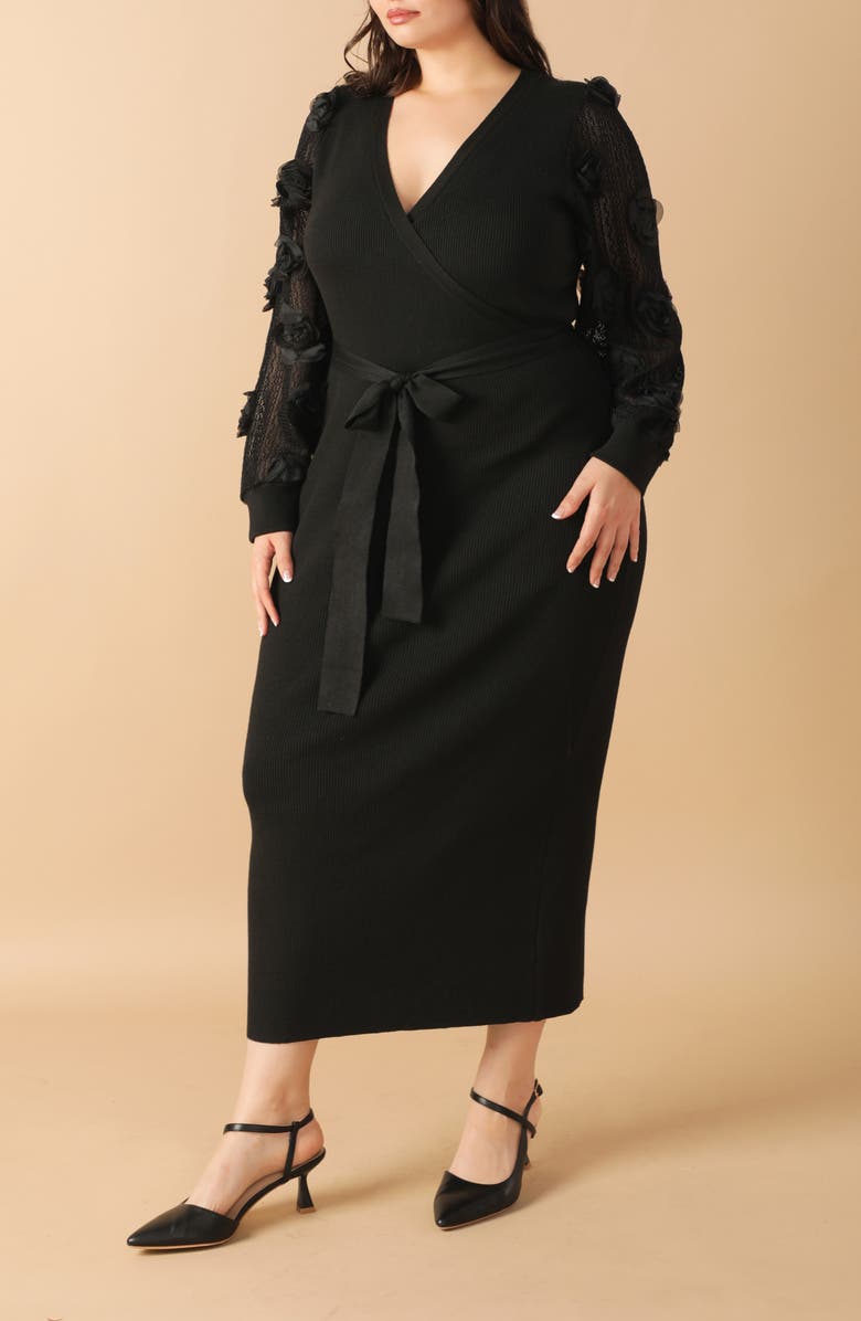 FLYING TOMATO Floral Appliqué Sleeve Sweater Faux Wrap Dress, Alternate, color, Black