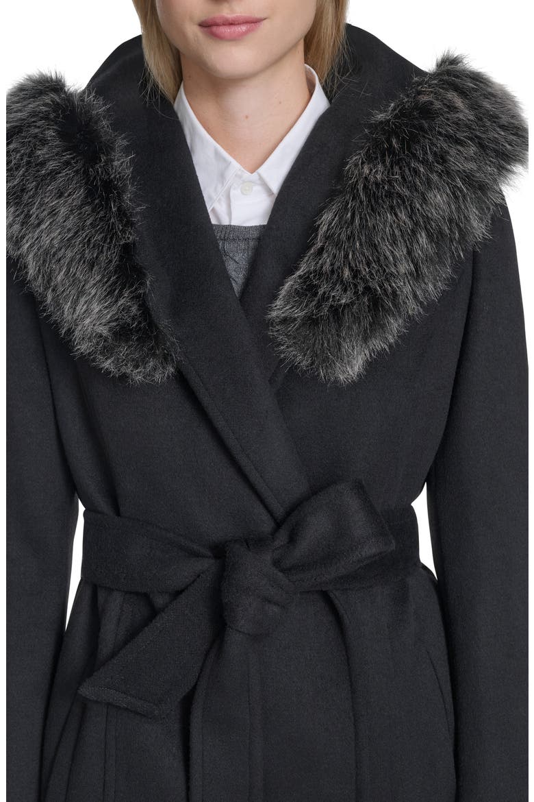 Slick Wool Blend Coat with Faux Fur Trim Hood, Alternate, color, BLACK