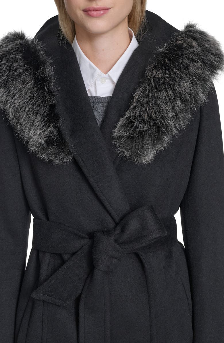 Cole Haan Slick Wool Blend Coat with Faux Fur Trim Hood, Alternate, color, Black