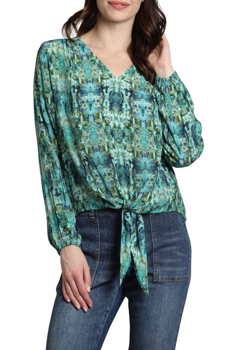 Print Tie Front Top, Main, color, GREEN MULTI