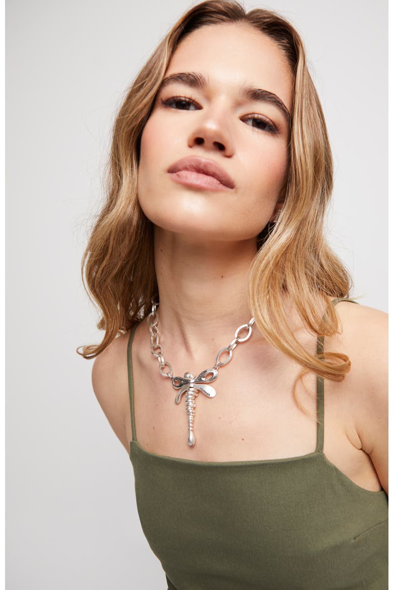 Sterling Silver Plated Chain Necklace with Central Dragonfly, Alternate, color, Silver