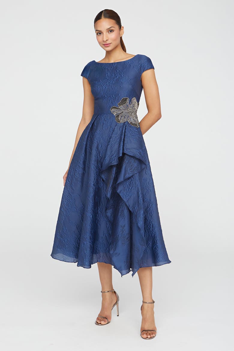 Caity High Low Cocktail Bateau Neck Jacquard Dress, Main, color, Midnight Celeste