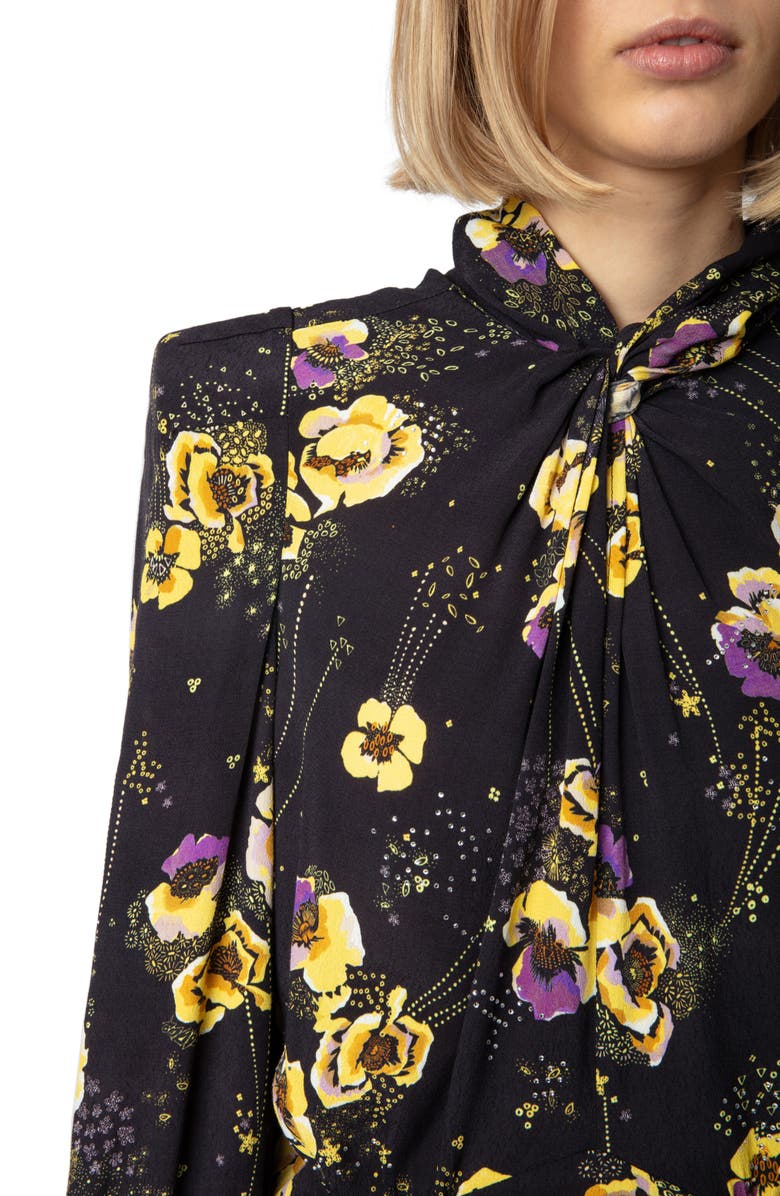 Zadig & Voltaire Ryda Yoko Strass Tie Neck Long Sleeve Crepe Dress, Alternate, color, 