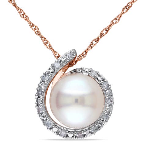 Cultured Pearl & Diamond Swirl Halo Necklace 10k