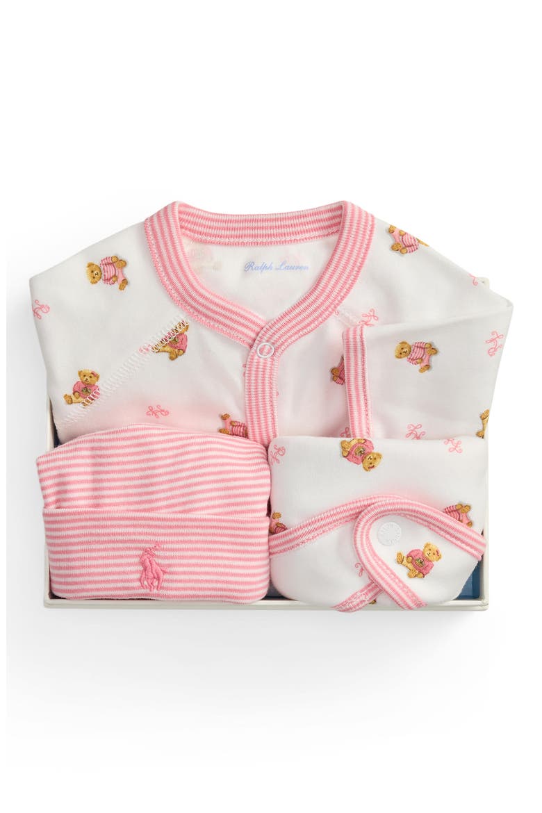 Cotton Interlock Footie, Bib & Hat Set, Alternate, color, WHITE PINK MULTI