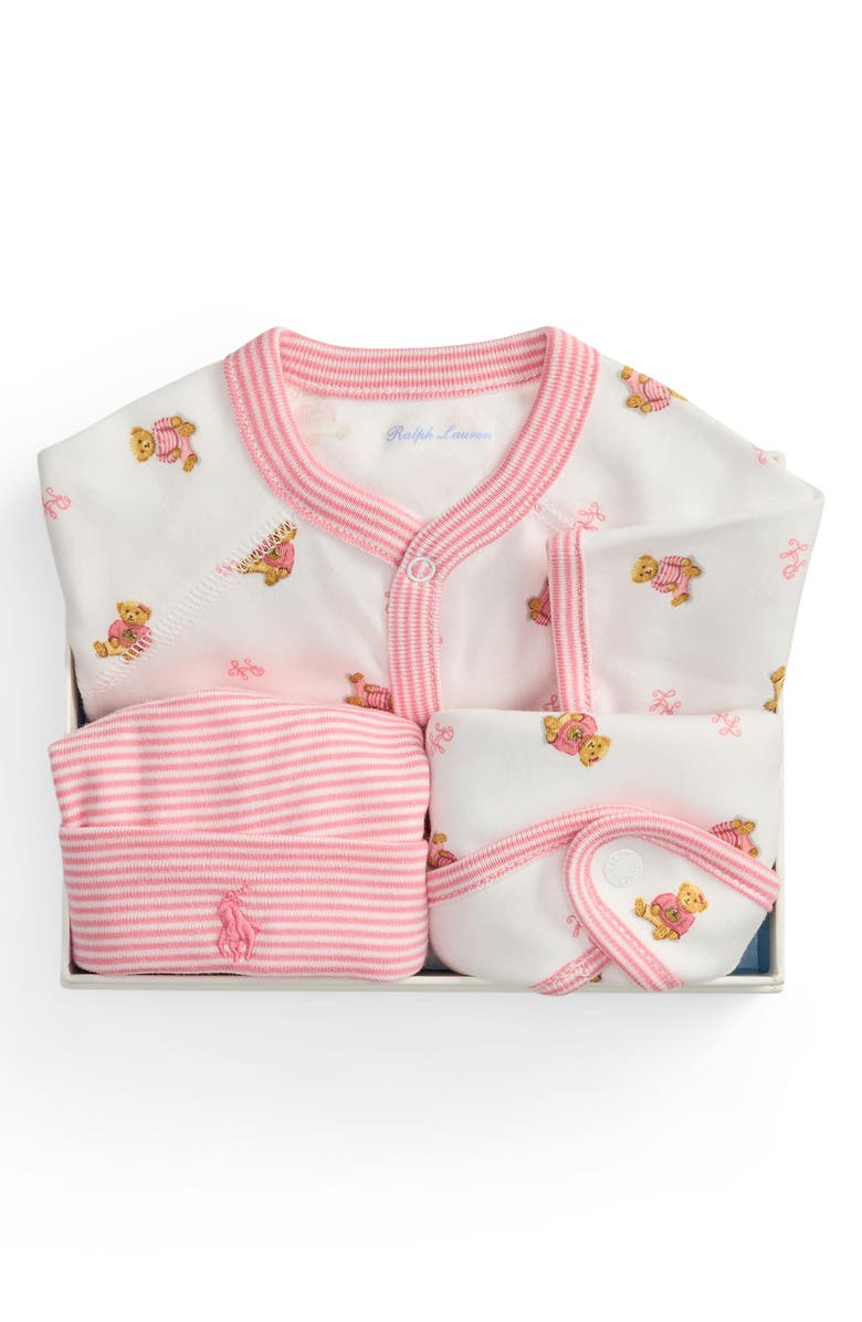 Ralph Lauren Cotton Interlock Footie, Bib & Hat Set, Alternate, color, White Pink Multi