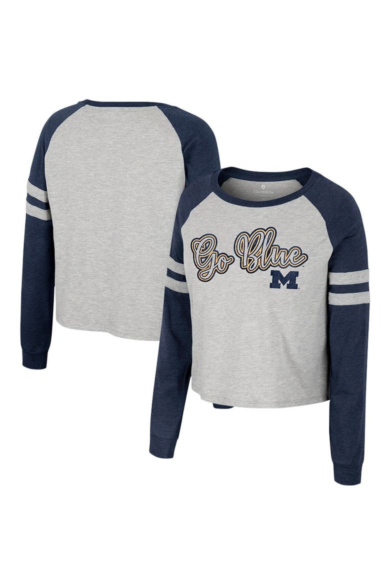 Women's Colosseum Heather Gray Michigan Wolverines I'm Gliding Here Raglan Long Sleeve Cropped T-Shirt, Main, color, Heather Gray