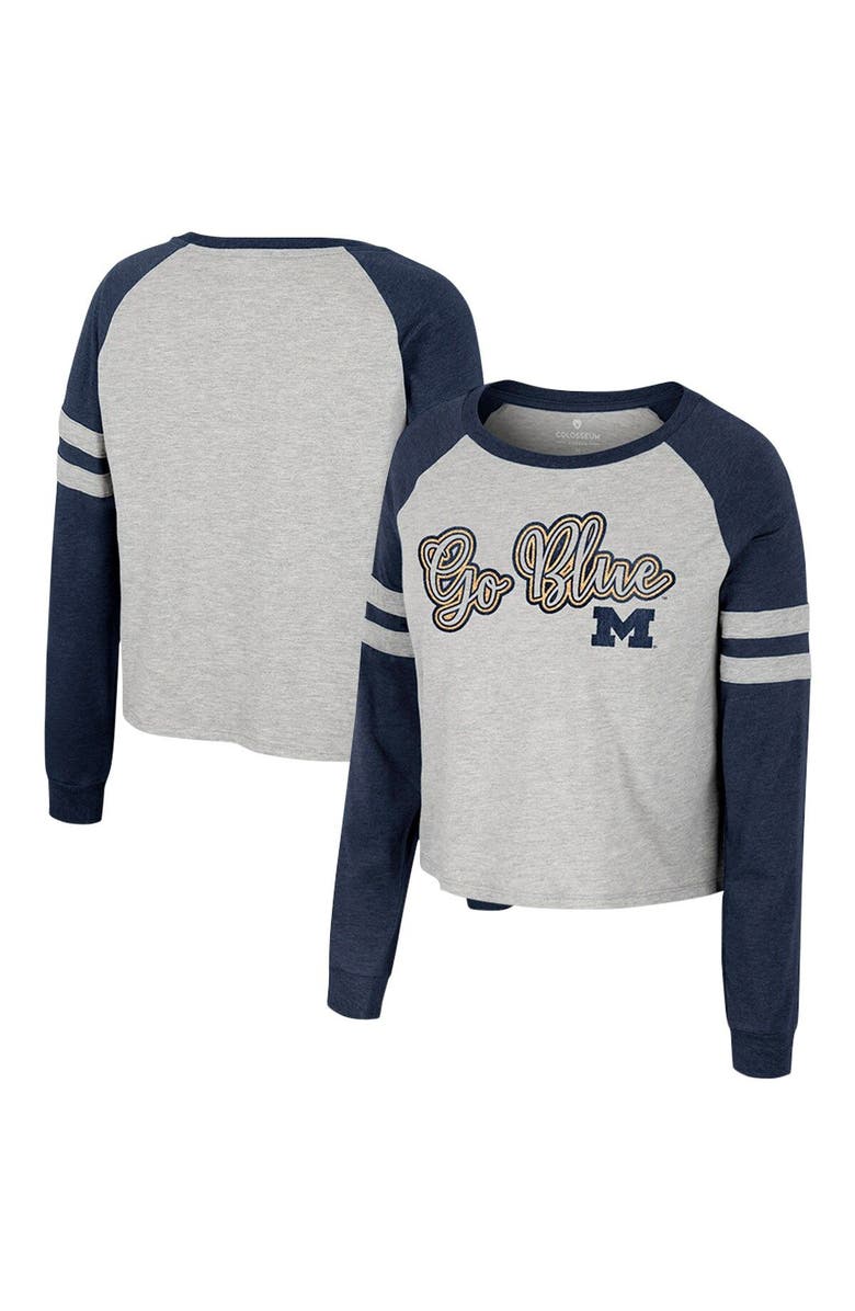 COLOSSEUM Women's Colosseum Heather Gray Michigan Wolverines I'm Gliding Here Raglan Long Sleeve Cropped T-Shirt, Main, color, Heather Gray