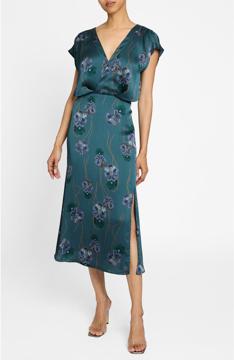 Santorelli Fara Faux Wrap Midi Dress in Printed Crepe Georgette, Alternate, color, Steel Teal