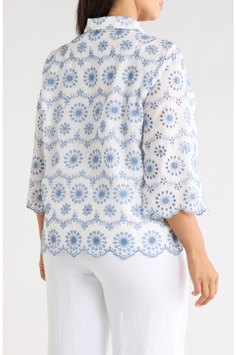 Scallop Eyelet Button Up Shirt, Alternate, color, CRISP WHITE/LAGOON
