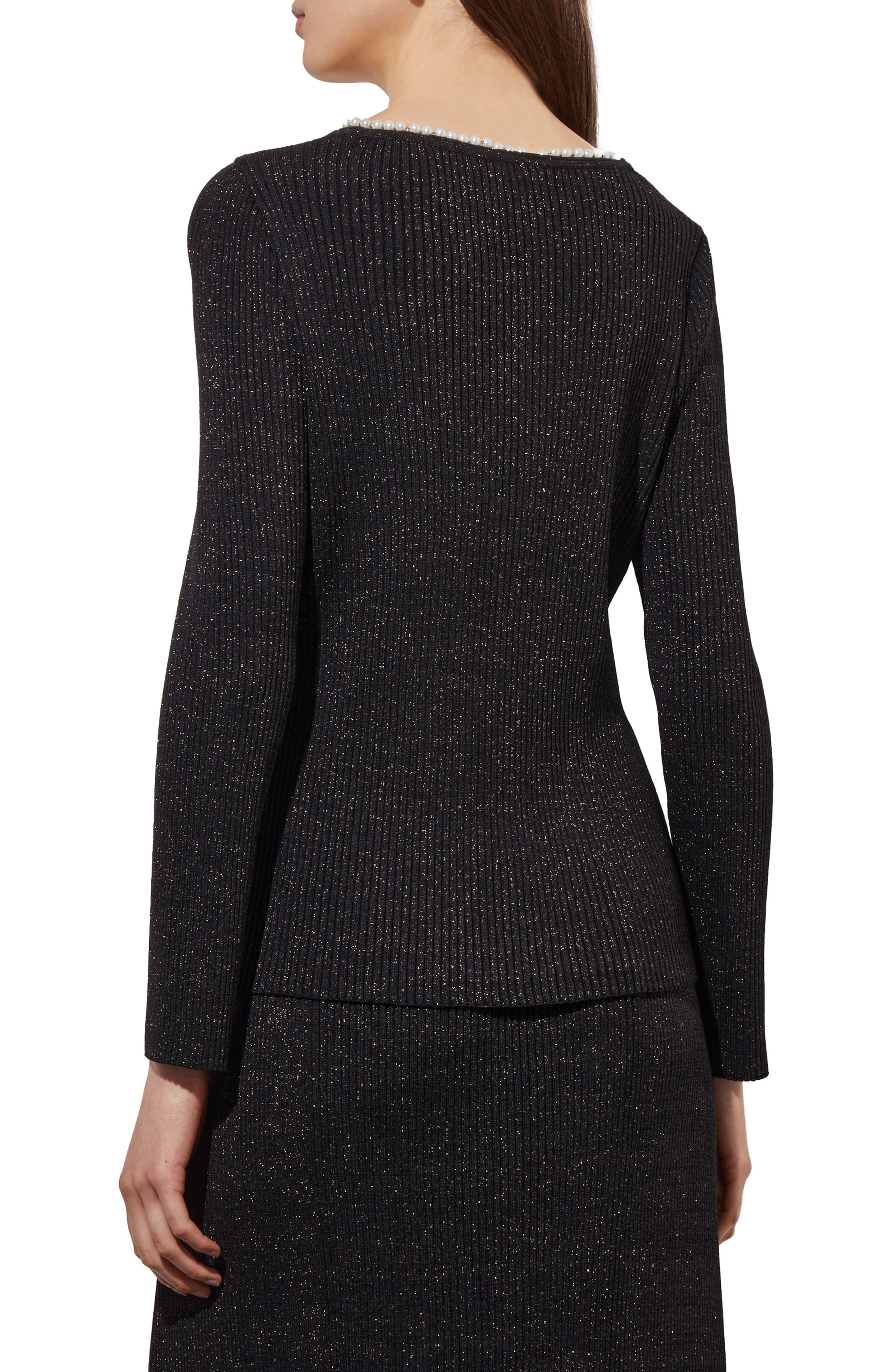 Imitation Pearl Collar Shimmer Rib Sweater - image 2
