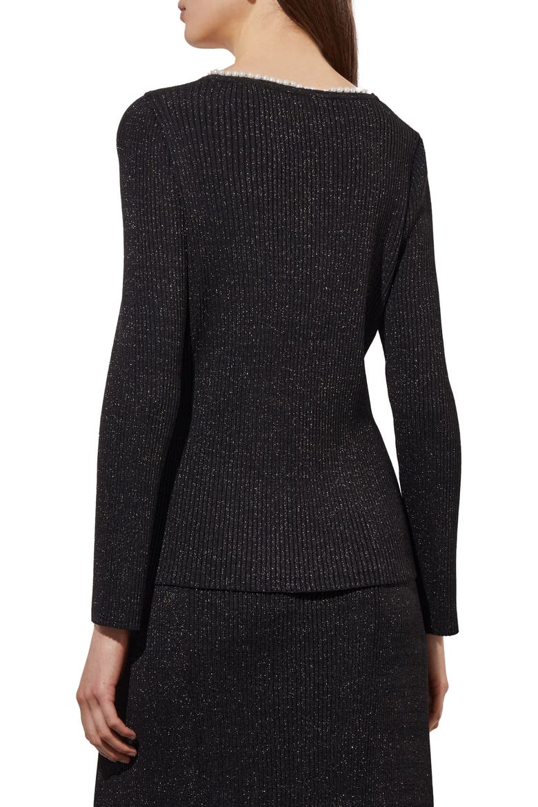 Imitation Pearl Collar Shimmer Rib Sweater, Alternate, color, BLACK/SILVER