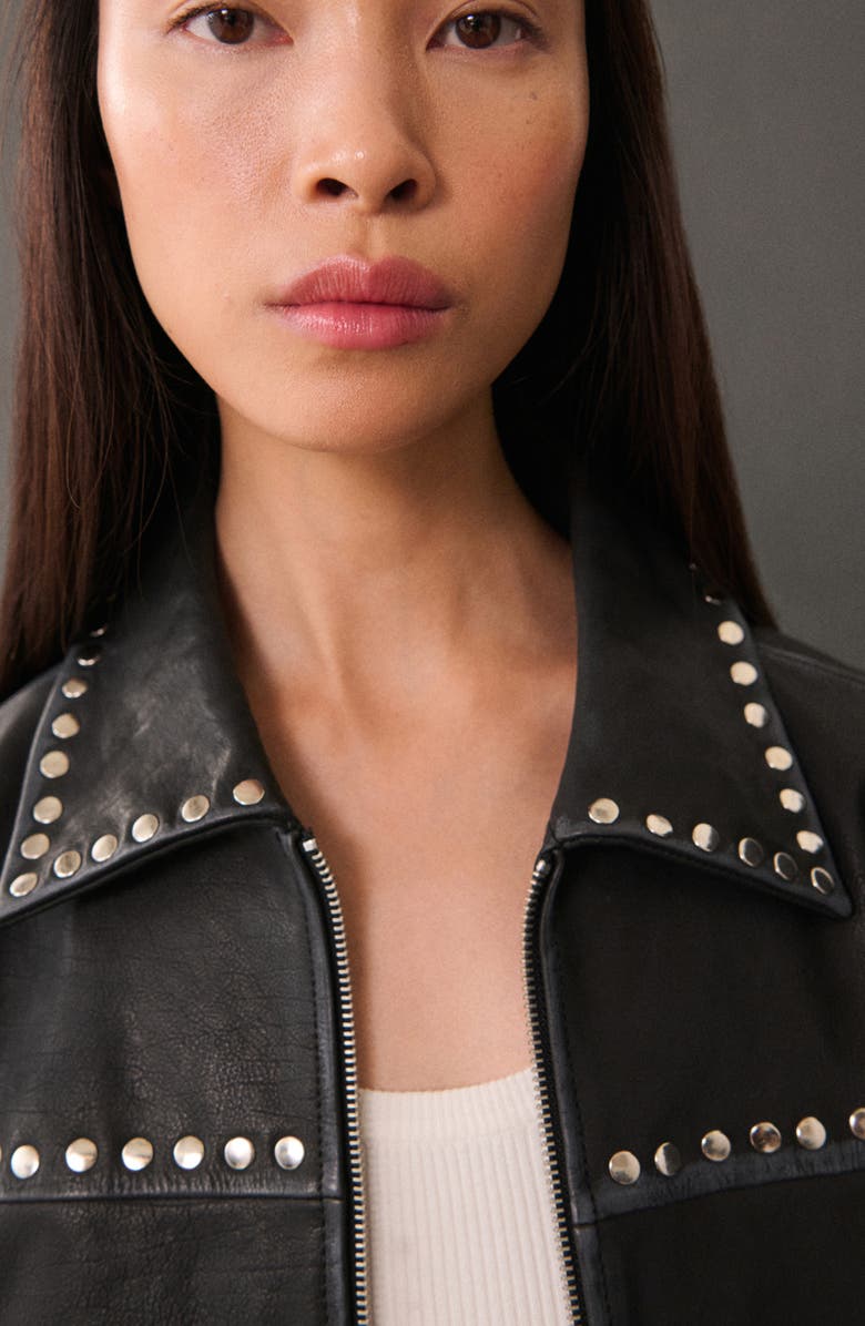 MANGO Studded Leather Jacket, Alternate, color, Black