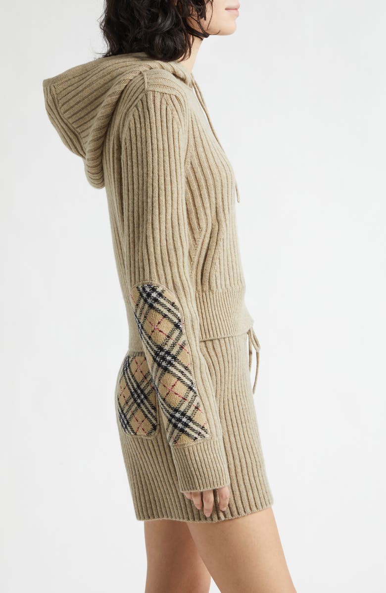 Burberry Phyllis Check Patch Hooded Rib Wool & Cashmere Sweater, Alternate, color, Light Brown Melange