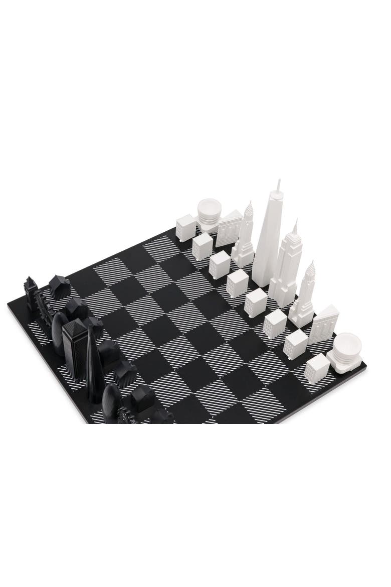 Chess Set Acrylic LONDON vs NEW YORK with B/W Hatch Board, Alternate, color, White