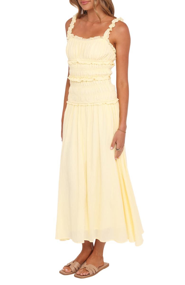 Petal & Pup Enola Shirred Ruffle Trim Midi Dress, Alternate, color, Yellow