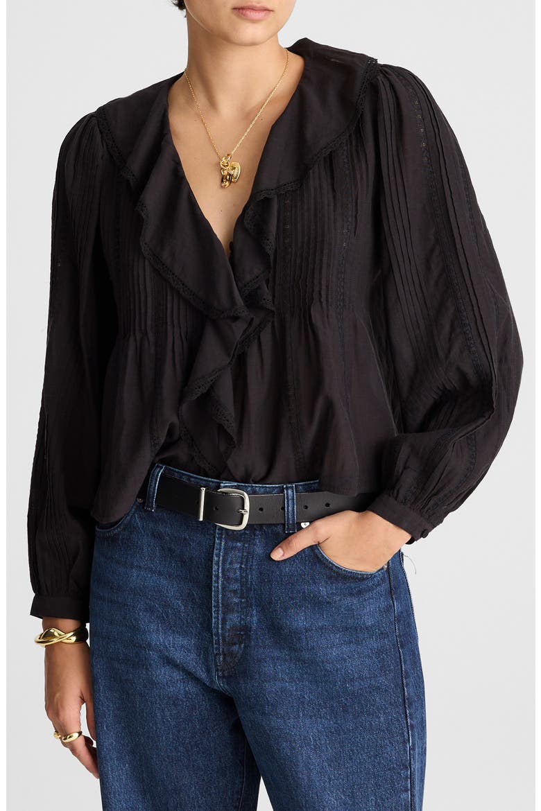 Lace Insert Ruffle Pintuck Long Sleeve Top, Main, color, JET BLACK