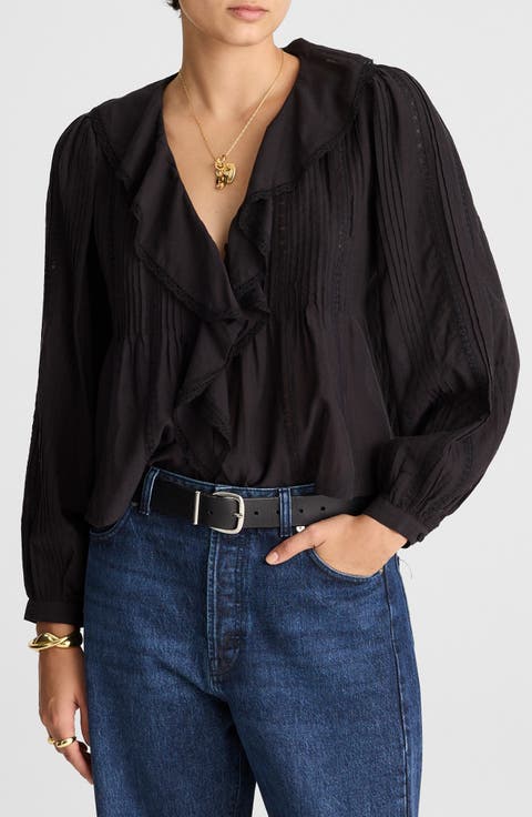 Lace Insert Ruffle Pintuck Long Sleeve Top